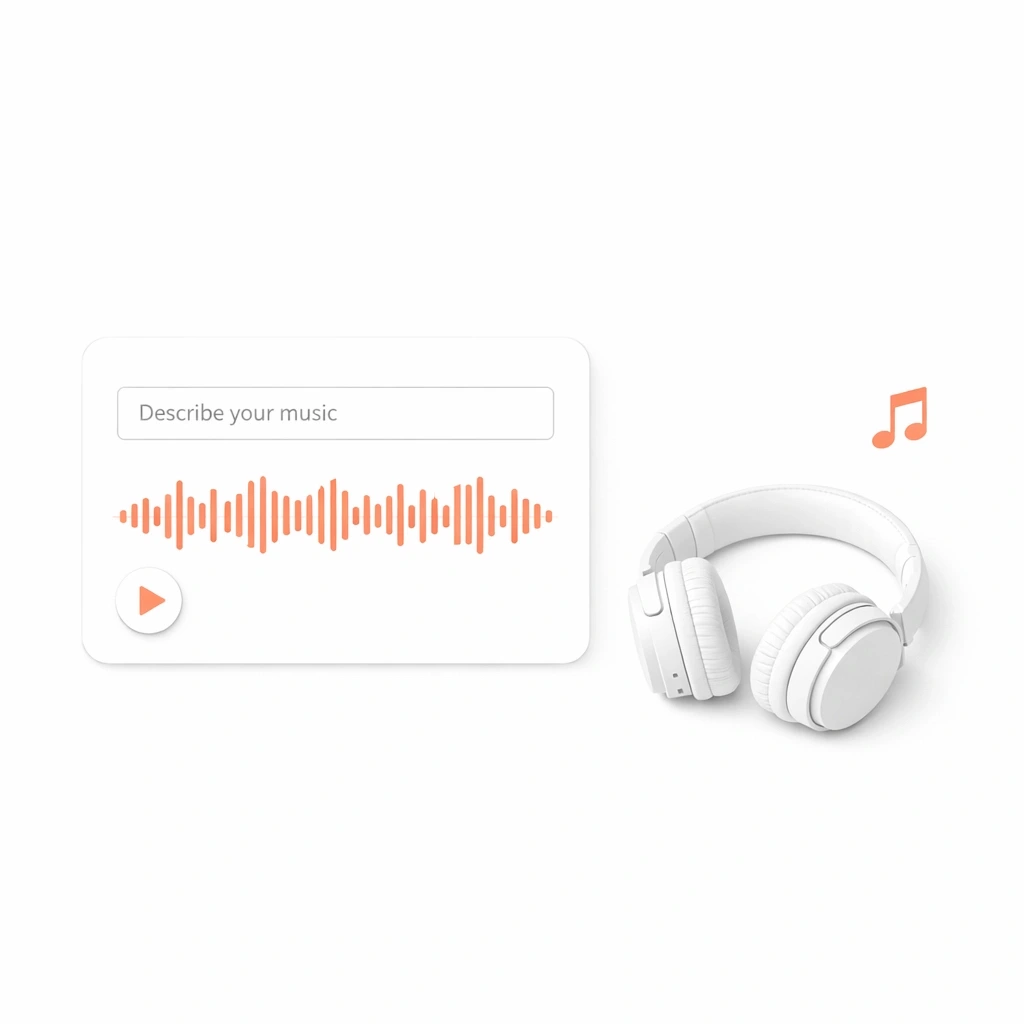 Text to Song prompt-to-track feature card illustration showing a creator turning mood and genre notes into a custom soundtrack, with a polished AI music workflow, creative visual cues, and a realistic example of how creators can transform written inspiration into original royalty-free audio for videos, games, podcasts, and branded storytelling.