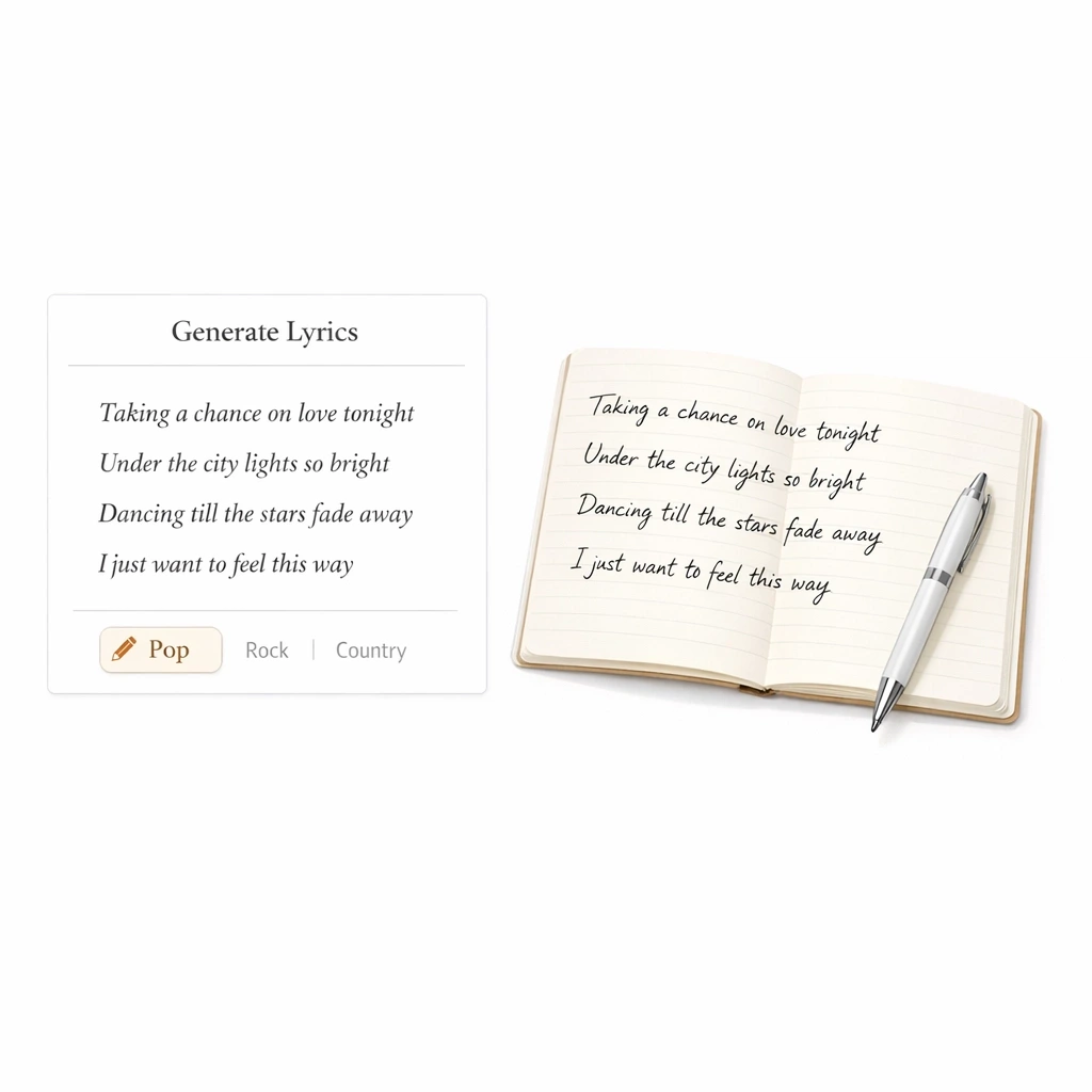 Text to Song lyric writing feature card illustration showing an artist shaping rough ideas into memorable verses before production, with a polished AI music workflow, creative visual cues, and a realistic example of how creators can transform written inspiration into original royalty-free audio for videos, games, podcasts, and branded storytelling.
