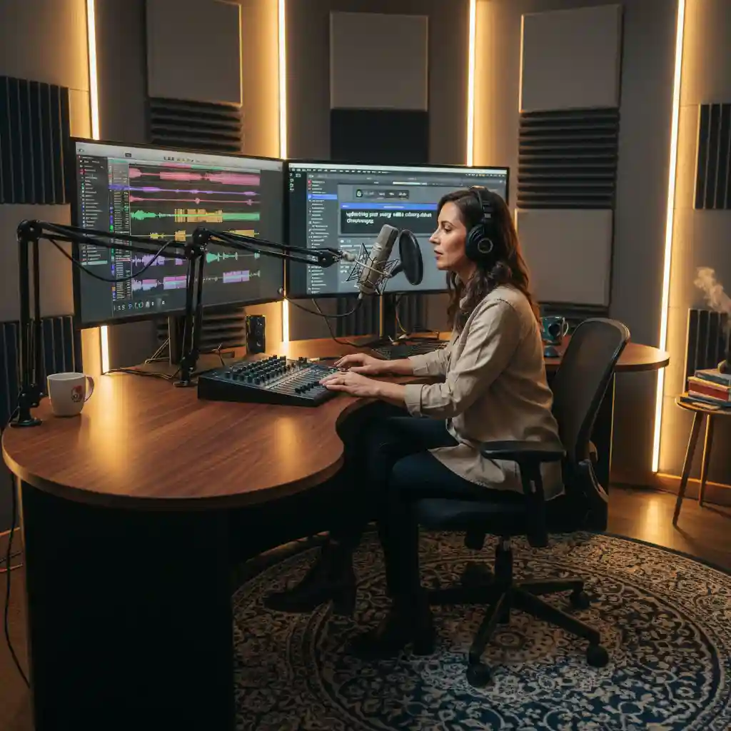 Text to Song content creator persona image illustration showing a video storyteller shaping unique background music for channels, shorts, and social campaigns, with a polished AI music workflow, creative visual cues, and a realistic example of how creators can transform written inspiration into original royalty-free audio for videos, games, podcasts, and branded storytelling.
