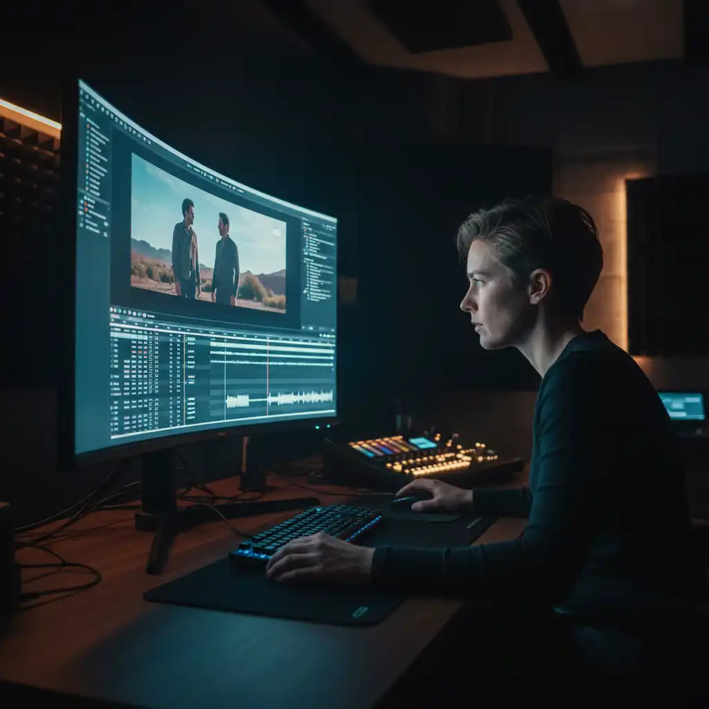 Text to Song filmmaker persona image illustration showing a visual editor matching scene pacing, tone, and emotion with custom soundtrack ideas, with a polished AI music workflow, creative visual cues, and a realistic example of how creators can transform written inspiration into original royalty-free audio for videos, games, podcasts, and branded storytelling.